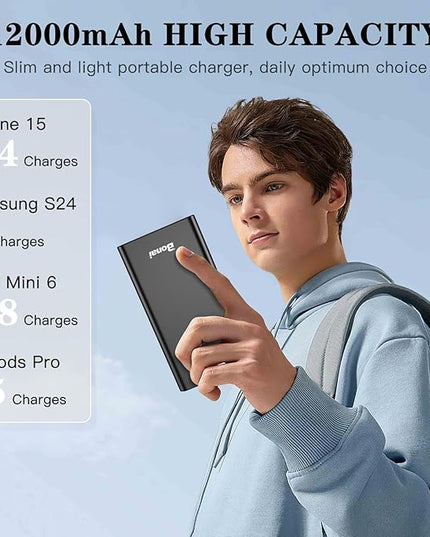 BONAI Portable Charger 12,000mAh 5V/3A Fast Charging Power Bank, Dural Input & Output Ports (USB-C in & Out) Portable Phone Charger for iPhone 17/16/15/14/13/12 Series Galxy Android iPad etc - Black