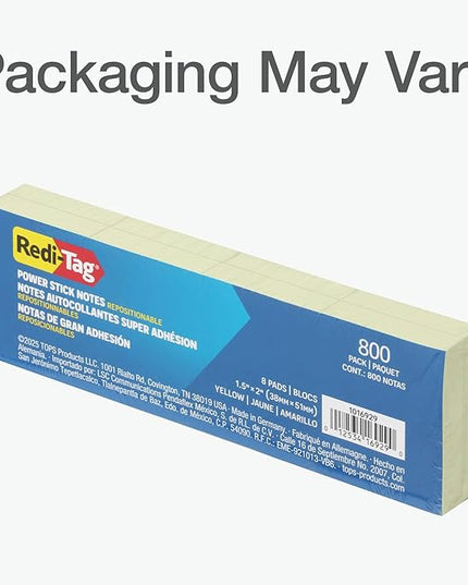 Redi-Tag Power Stick Notes, Mini Sticky Notepads, 1.5 x 2 inch, Sticky Notes for School, Office, Home and Classroom, Adhesive Reminder Pads in Yellow, 8 Pads per Pack (1016929)