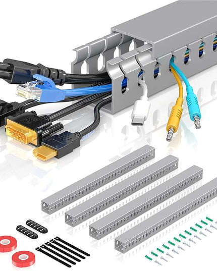 Open Slot Wire Duct Kit, 62.8"(4 x 15.7) Server Rack Cable Management, Cable Management Raceway for Hide Network HDMI VGA Cable, Wiring Raceway Cable Duct, Desk Wire Channel, 4 Pack, Grey