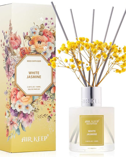 Airkeep Reed Diffuser Set,3.38 fl oz (100 ml) - White Jasmine Oil Diffusers with 8 Reed Sticks, Home Fragrance Reed Diffuser for Bathroom Shelf Decor