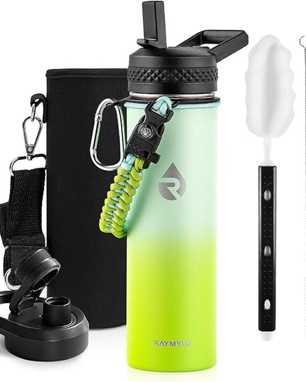 Insulated Water Bottle 20 oz, Triple Wall Vacuum Stainless Steel (Cold for 48 Hrs), Leak Proof & Non-BPA, Kids Water Bottle Jug for School with Straw Spout Lids, Ombre Green