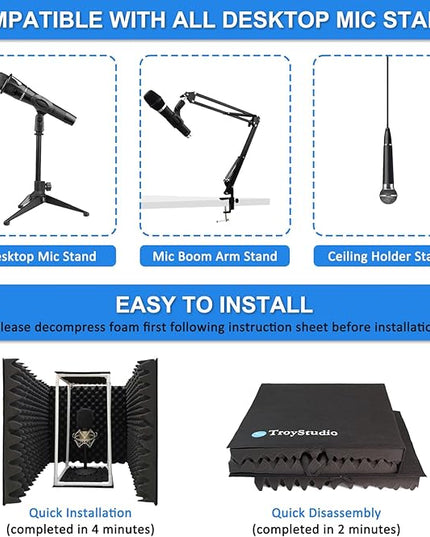 TroyStudio Large Microphone Isolation Shield, Foldable Vocal Booth Reflection Filter, 2 Inches Thick Acoustic Foam Panel Music Sing Podcast Recording Studio Adjustable Sound Box for Desk & Laptop