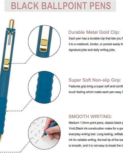 Linbsunne Ballpoint Pens Black Medium Point 1mm Pen with Super Soft Grip Ball Point Pen for Men Women Retractable Pens (Vintage-18 pcs)