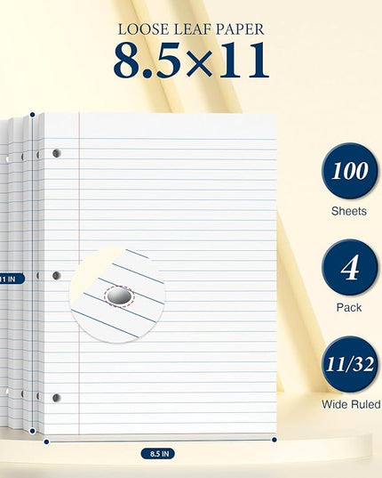 400 Sheets 8.5 x 11 Wide Ruled Paper, Loose Leaf Paper, 3 Hole Punch Paper 8.5 x 11 White Loose Leaf Notebook Paper for 3 Ring Binders, Lined Paper Wide Ruled, Writing Paper (4 Pack)