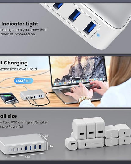 USB C Charger 200W USB C Charger Block,Upgraded GaN III 8-Port Fast Charging Station Hub,PD 65W Laptop Charging Adapter Compatible with MacBook Pro/Air,DELL,Steam Deck,iPhone 16/15/14,Galaxy S23/22