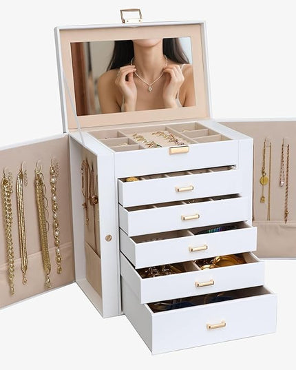 BOOVO Jewelry Box For women, 6 Layer Large Jewelry Organizer With Mirror, Multi-Function Storage Box With Lock, Necklace Holder With 5 Drawers, For Earrings Necklace Bracelet (White and Gold)