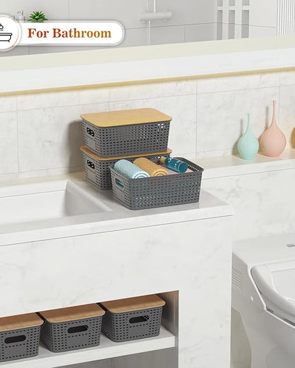 Plastic Storage Baskets With Bamboo Lid - Plastic Storage Containers Stackable Storage bins: Storage Baskets for Organizing Shelves Drawers Desktop Closet Playroom Classroom Office, 6 Pack, Gray
