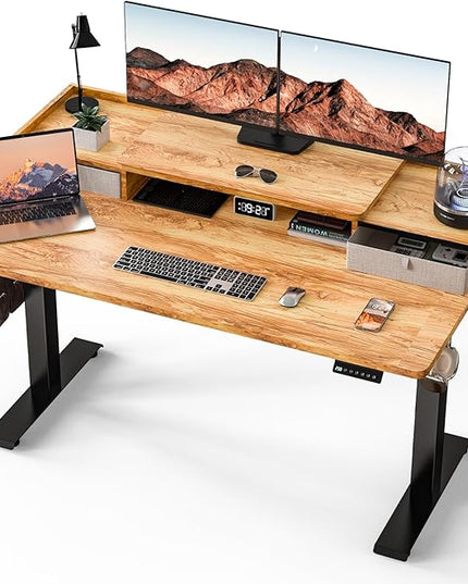 Kingant 55 x 30 Inch Standing Desk with Drawers, Adjustable Height Electric Sit Stand Desk with Storage Shelf, Rising Stand Up Computer Desk for Home Office Workstation, 3 Preset Heights(Light Rustic)