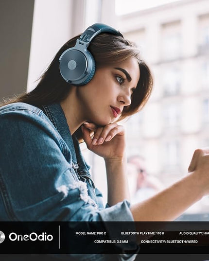 OneOdio Bluetooth Over Ear Headphones, 110 Hrs Wireless/Wired Stereo Sound Foldable Headsets with Deep Bass 50mm Neodymium Drivers for PC/Phone/Tablet - Studio Wireless Pro C, Sky Blue