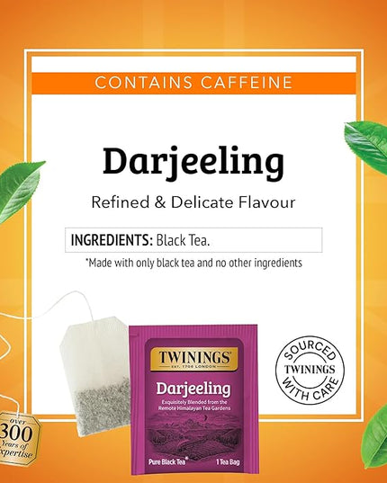 Twinings Darjeeling Black Tea Individually Wrapped Bags, 20 Count (Pack of 6), Delicate Light Taste, Caffeinated, Enjoy Hot or Iced, 120 Teabags
