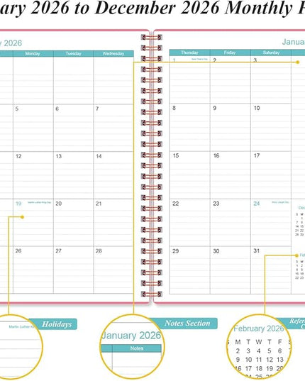 Daily Planner 2026 Full Page Per Day- 2026 Daily & Monthly Planner from January 2026 to December 2026, Day Planner 2026 with 12 Months Tabs, 6.4" x 8,5", Pink
