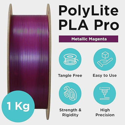 Polymaker PLA PRO Filament 1.75mm 1kg, Tough & High Rigidity Metallic Magenta 3D Printing Filament, PolyLite PLA PRO 3D Printer Filament 1.75mm, Print with Most 3D Printers