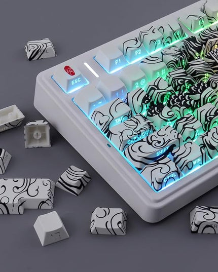 Tsungup PBT Keycaps,138 Keys Custom Cool Dragon Pattern Side Printed Keycaps,Cherry Profile Key Caps Keyboard Keycap Set for 60% 65% 75% 80% 100% MX Switches Mechanical Keyboard(White)