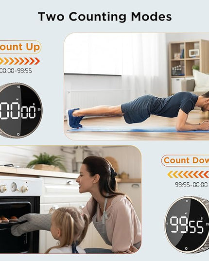 Upgrade Digital Kitchen Timer - Magnetic Countdown Countup Visual Pomodoro Timer with Large LED Display, 3-Preset Times (5, 15, 25), 3 Volume Levels, Ideal for Cooking, Baking and Fitness (1, Tarnish)