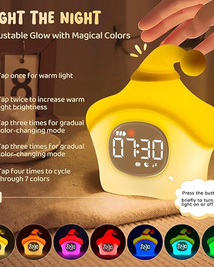 Star Alarm Clock with Night Light for Kids with Sleep Training and Sound Machine, Rechargeable Silicone Lamp OK to Wake Clock，Cute Animal Tabletop Lamp, Perfect Sleep Companion for Boys Girls, Yellow
