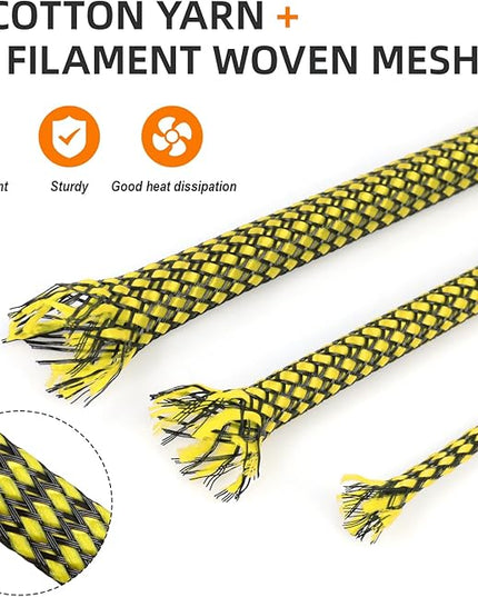 Braided Expandable Cable Sleeve, 25ft PP Cotton and PET Braided Cable Management, Flexible Mesh Wire Loom and Cable Protector for TV, Computer, Home Theater, Automotive (Yellow, 1/2")