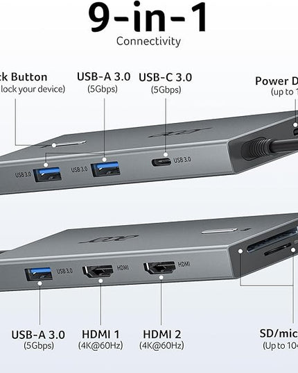 Acer USB C Docking Station Dual Monitor with 2 HDMI, 9-in-1 Laptop Docking Station with 4K@60Hz HDMI, USB A&C 3.0, SD/Micro SD, 100W PD, USB C Dock Compatible with Acer/Dell XPS/HP/Mac/Surface etc