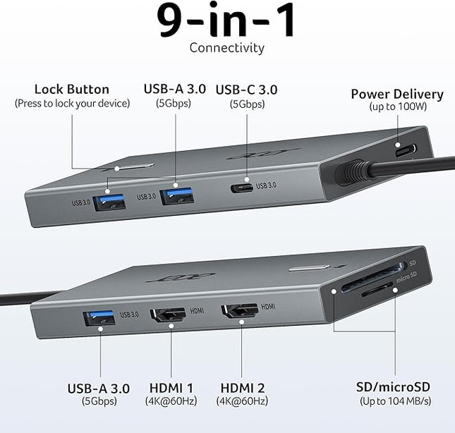 Acer USB C Docking Station Dual Monitor with 2 HDMI, 9-in-1 Laptop Docking Station with 4K@60Hz HDMI, USB A&C 3.0, SD/Micro SD, 100W PD, USB C Dock Compatible with Acer/Dell XPS/HP/Mac/Surface etc