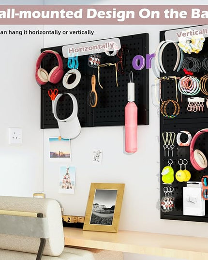 Metal Pegboard Shelf - Peg Board Display Wall Mount with 24 Hooks, 12.5x32.8 In Portable Garage Desktop Pegboard Organizer Retail Display Rack For Jewelry Hair Accessories, Mobile Phone Shop/Black
