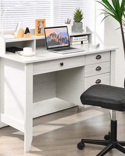 Tangkula White Desk with 4 Storage Drawers & Hutch, Home Office Computer Vintage Desk, Writing Study Table with Storage Shelves, Wooden Executive Desk (White)