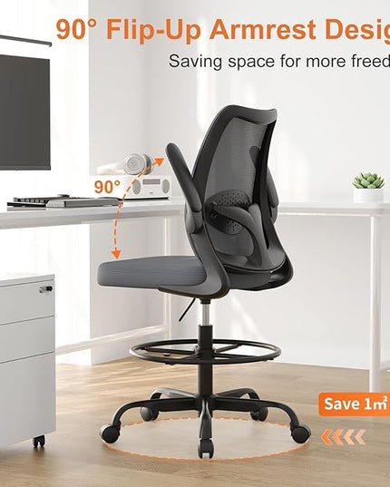 Drafting Chair,Tall Office Chair with Adjustable Footrest Ring,Lumbar Support,Ergonomic High Desk Seat,Flip-Up Armrests,Breathable Mesh Standing Stool for Home Office,Grey