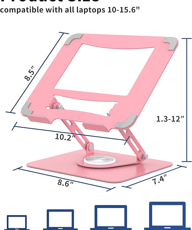 ALASHI Laptop Stand for Desk with 360° Rotating Base, Multi-Angle Adjustable Laptop Stands, Foldable Laptop Riser Compatible with 10 to 15.6 Inches PC Computer, Pink