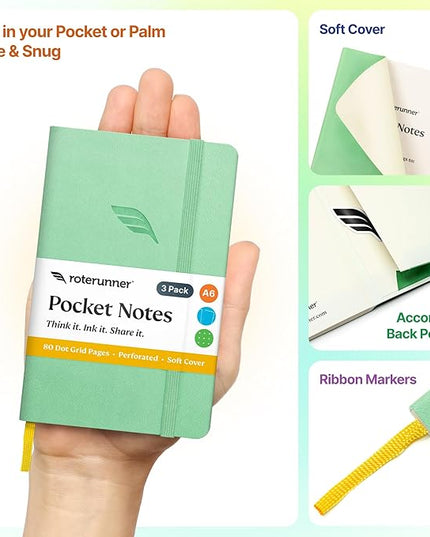 Roterunner A6 Pocket Notebook (Spring Pastel) 3 Pack 3.5x5.5 Dotted Mini Notebook Journal 100Gsm Perforated Paper, Work Gym Travel Journal Notebook, Leather Small Notebook Numbered with Notes Index