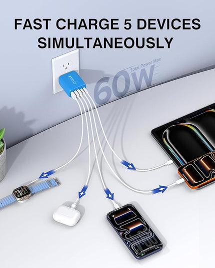 2-Pack USB C Wall Charger Block,60W 5-Port C Charger Fast Charging Block PD Power Adapter +QC 3.0 Multiport Type C Box Charger Cube USB A Wall Plug for iPhone 14/15/16/17 Pro Max,Samsung Galax