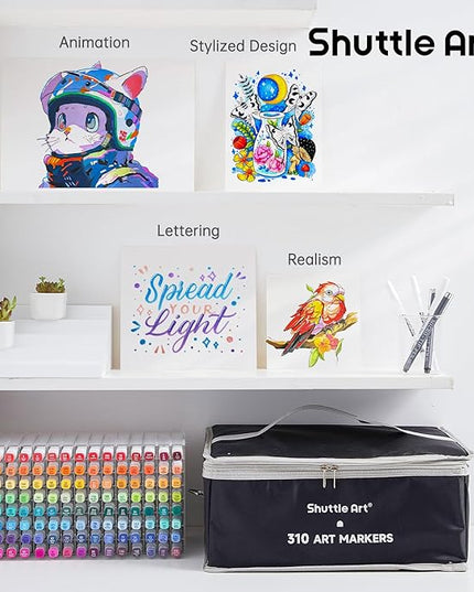 Shuttle Art 310 Colors Alcohol Markers, 309 Colors Dual Tip Art Marker Set Plus Colorless Blender, Micro-tip Pens, White Highlighter Pens, Marker Bag with Holders Perfect for Students Adults Coloring