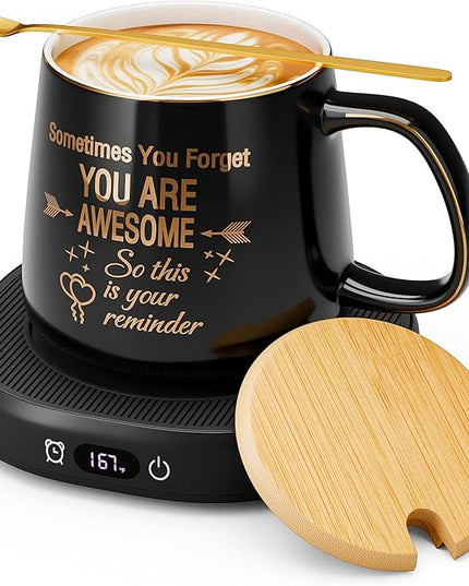 Coffee Mug Warmer & You are Awesome Mug Set, Electric Cup Warmer with Auto Shut Off, 4 Temperature Setting Smart Beverage Warmer, 8-Hours Auto Shut Off (Black Awesome Mug)