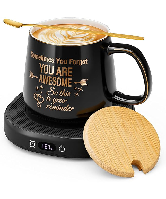 Coffee Mug Warmer & You are Awesome Mug Set, Electric Cup Warmer with Auto Shut Off, 4 Temperature Setting Smart Beverage Warmer, 8-Hours Auto Shut Off (Black Awesome Mug)