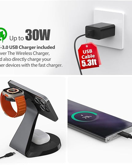 3 in 1 Charging Station for Apple Devices,Mag-Safe Charger Stand Fast Charging,Wireless Charger for iPhone 16/15/14/13/12 Series,& AirPods,& iWatch(USB-C Charger Included)