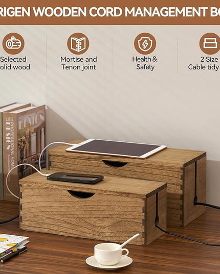 KIRIGEN Cable Management Box Wooden Cord Organizer Hide Power Strip Desk Wires Protector for Home Office TV Computer (DXH2T-DBR)