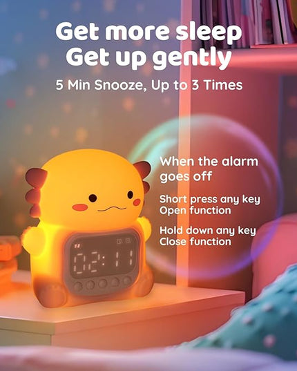 Axolotl Alarm Clock with Night Light for Kids, Rechargeable Silicone Lamp Time to Wake Clock，Cute Animal Tabletop Lamp, Perfect Sleep Companion for Boys Girls
