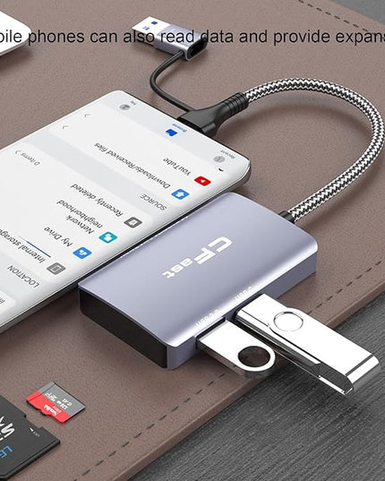CFast Card Reader, 5 in 2 CFast 2.0 SD/TF Memory Card Reader, 5Gbps PD/USB 3.2 Gen 1 Adapter with USB C/USB A Cable Compatible with Windows/Mac/Linux/Android (5 in 2)