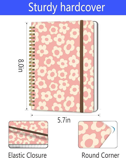 Spiral Journal Notebook, A5 Cute Notebooks for Women Men, College Ruled Hardcover Notebook for Work & Note Taking, 60 Pages Double-Wire Journals for Writing, Pink Cute Daisy