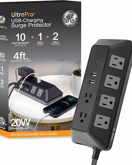 GE UltraPro 10-Outlet Surge Protector with USB, 2 USB-A, 1 USB-C, 4 Ft Braided Extension Cord, Multi Plug Outlet Extender, Adapter Spaced, Flat Plug, 3540 Joules, Charging Station, Black, 81785