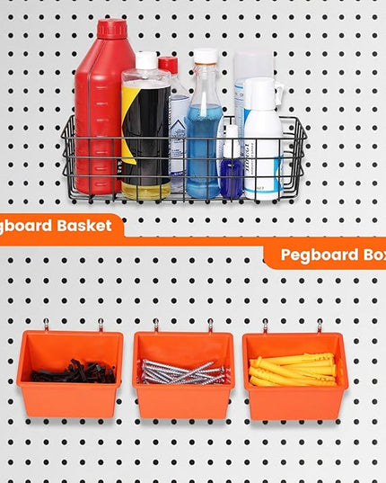Pegboard Organizer Accessories Kit 155 PCS, Peg Board Hooks Assortment with Bins, Baskets for 1/4 inch Pegboard Wall Organizer, Garage Organization, Workbench, Craft Room, Hanging Tools