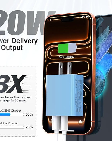 [20W/2Pack] Fast Charger Block, USB C Wall Charger, Charger Cube, Dual Port PD Fast Charging Block Brick Compatible for Watch Series 10 iPhone 16 17 Pro Max Airpod Brick Plug Power Adapter, Blue