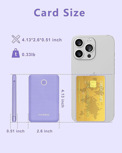6000mah Ultra Slim Built in Cables Power Bank, Card Size Built in USB C Cords Battery Pack Portable Charger for Phones, 3 Output External Battery Pack Compatible with iPhone, 2-Pack White & Purple