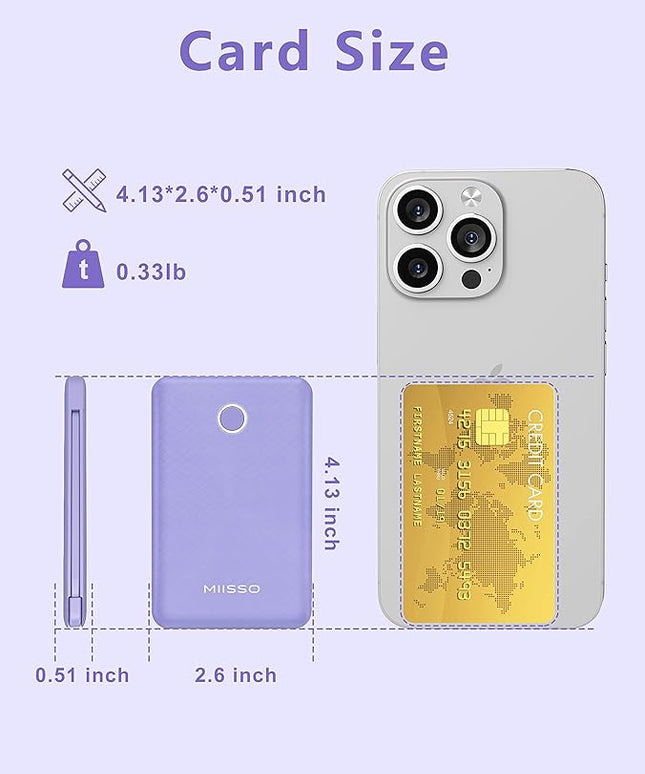 6000mah Ultra Slim Built in Cables Power Bank, Card Size Built in USB C Cords Battery Pack Portable Charger for Phones, 3 Output External Battery Pack Compatible with iPhone, 2-Pack White & Purple