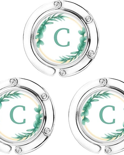 Iqimott 3pcs Personalized Initial Foldable Purse Hook for Table, Flower Letter Folding Handbag Hanger Portable Magnet Table Hook Holder, Collection Desk Purse Hooks for Women Bag (Green-C)