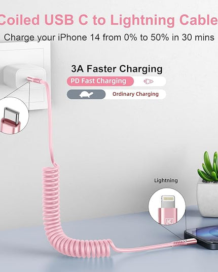KIYODA USB C to Lightning Cable 3FTfor Car, Coiled iPhone Charger Fast Charging Short USBC Lightning iPhone Cord for iPhone14/13/12/11 Pro Max/iPad/CarPlay- 2Pack Pink