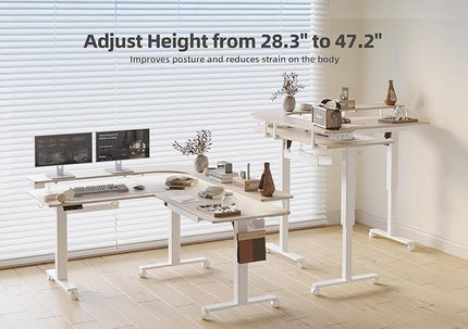 Claiks 63" L Shaped Standing Desk with Drawers and LED Lights, Height Adjustable Electric Corner Standing Desk with Monitor Stand & Power Outlet, 4 Memory Preset, Nature