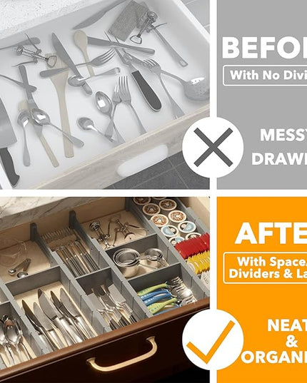 SpaceAid Bamboo Drawer Dividers with Inserts and Labels, Kitchen Adjustable Drawer Organizers, Expandable Organization for Home, Office, Dressers, 7 Dividers with 15 Inserts (17"-22" Gray)