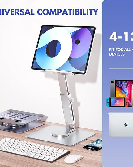GuaziV 360° Rotating Tablet Stand - Adjustable iPad Tablet Holder for Desk, Foldable iPad Swivel Stand for Home & Office (Sleek Silver)