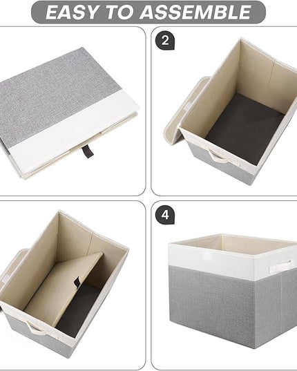Large 22 Quart Linen Fabric Foldable Storage Bin Cube Organizer Basket with Flip-Top Lid & Handles, Clothes Blanket Box for Home, Office, Closet, Gray & White, 4 Pack 14.6 x 9.5 x 9.5”