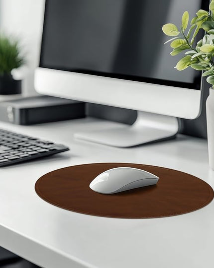PU Leather Mouse Pad with Stitched Edge, Micro-Fiber Base, Non-Slip Waterproof for Computers, Laptop - Round 9 x 9 Inch (Dark Caramel Brown)