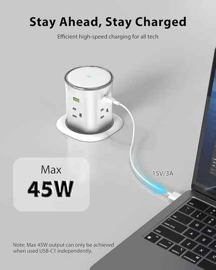 Pop Up Countertop Outlet with 2 PD 45W USB C Charging Station, 3.15 in Hole Electrical Power Outlets Insert in 4 Plugs 4 USB Ports 15W Wireless Charger for Desktop Kitchen Countertop