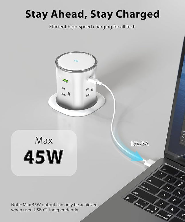 Pop Up Countertop Outlet with 2 PD 45W USB C Charging Station, 3.15 in Hole Electrical Power Outlets Insert in 4 Plugs 4 USB Ports 15W Wireless Charger for Desktop Kitchen Countertop